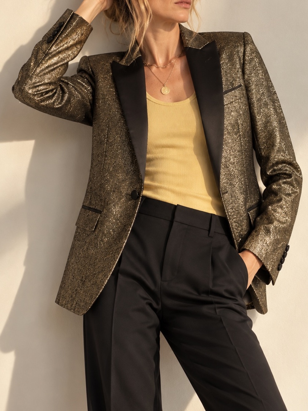 Retro Paris Gold Black Sparkle Tuxedo Blazer 34R K-Pop Holiday Halloween